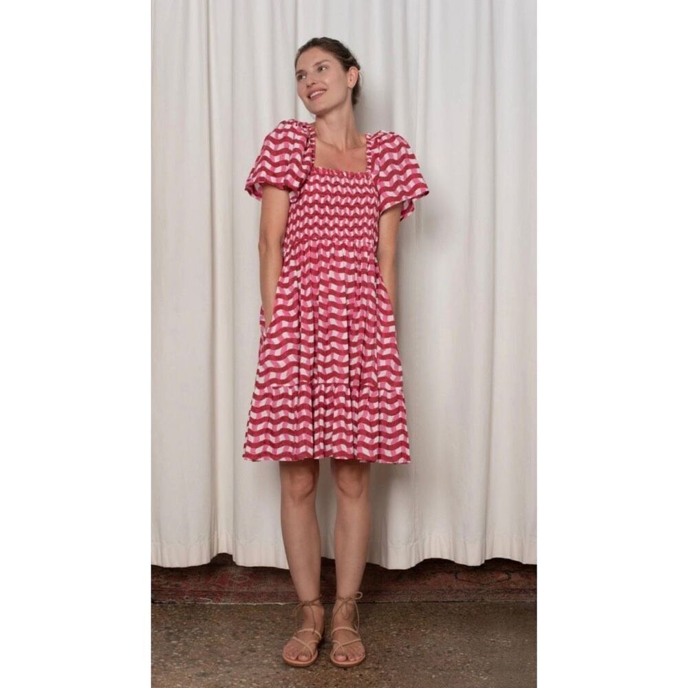 NWT Ophelia & Indigo Delilah Pink Zigzag Smocked Tiered Cotton Mini Dress XS